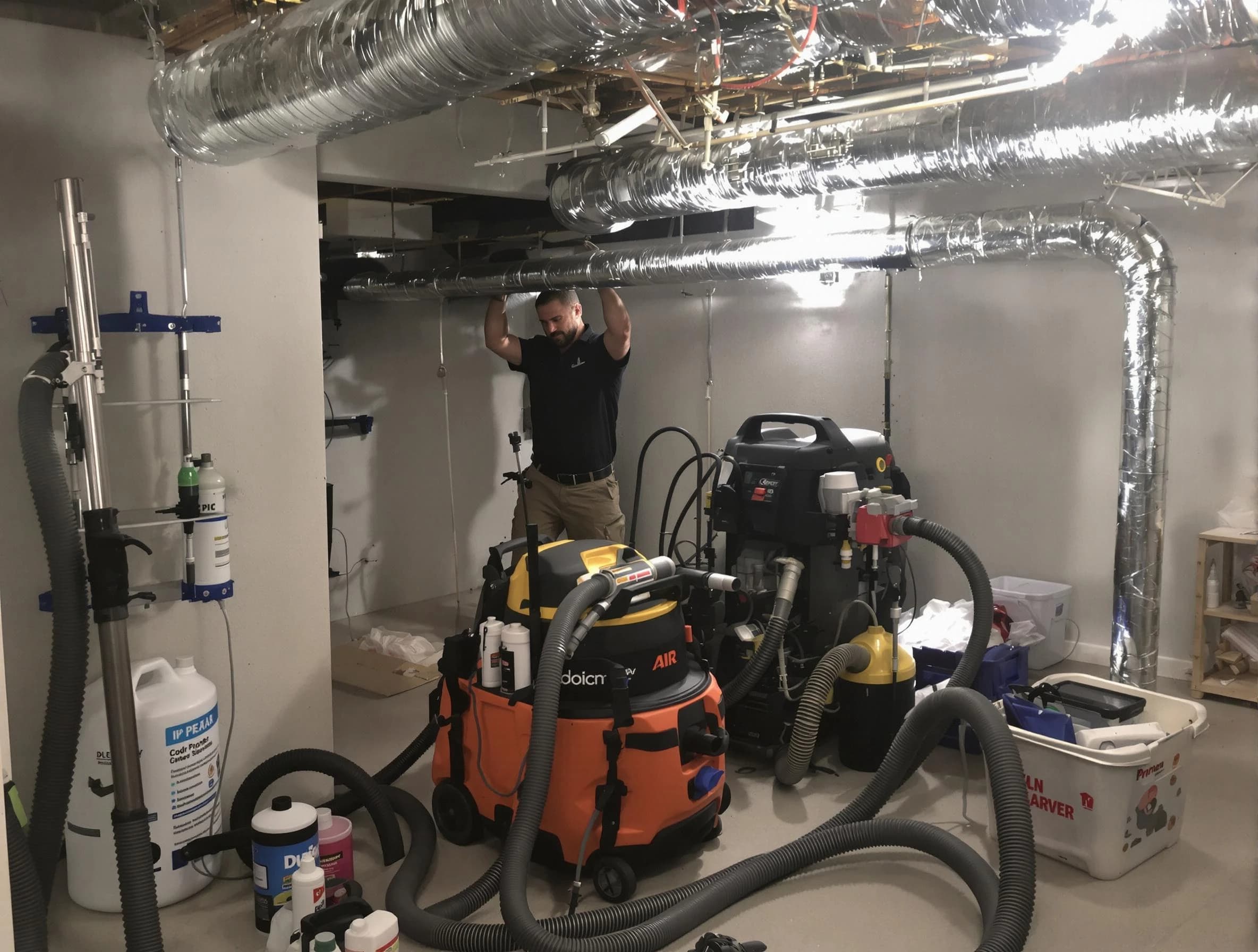 Canton Air Duct Cleaning specialist performing professional mold removal from air ducts using safety equipment in Canton